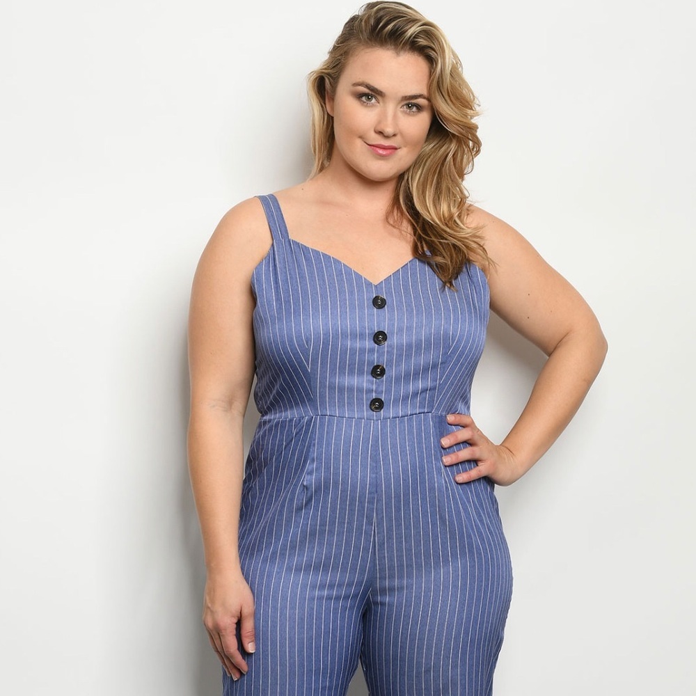 Plus Size 2x 3x Blue Pinstripe Jumpsuit One Piece Backless Overalls - Picture 2 of 3